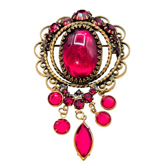Vintage Possibly Unsigned Hobe Red Rhinestone Dangles Brooch - Picture 1 of 5